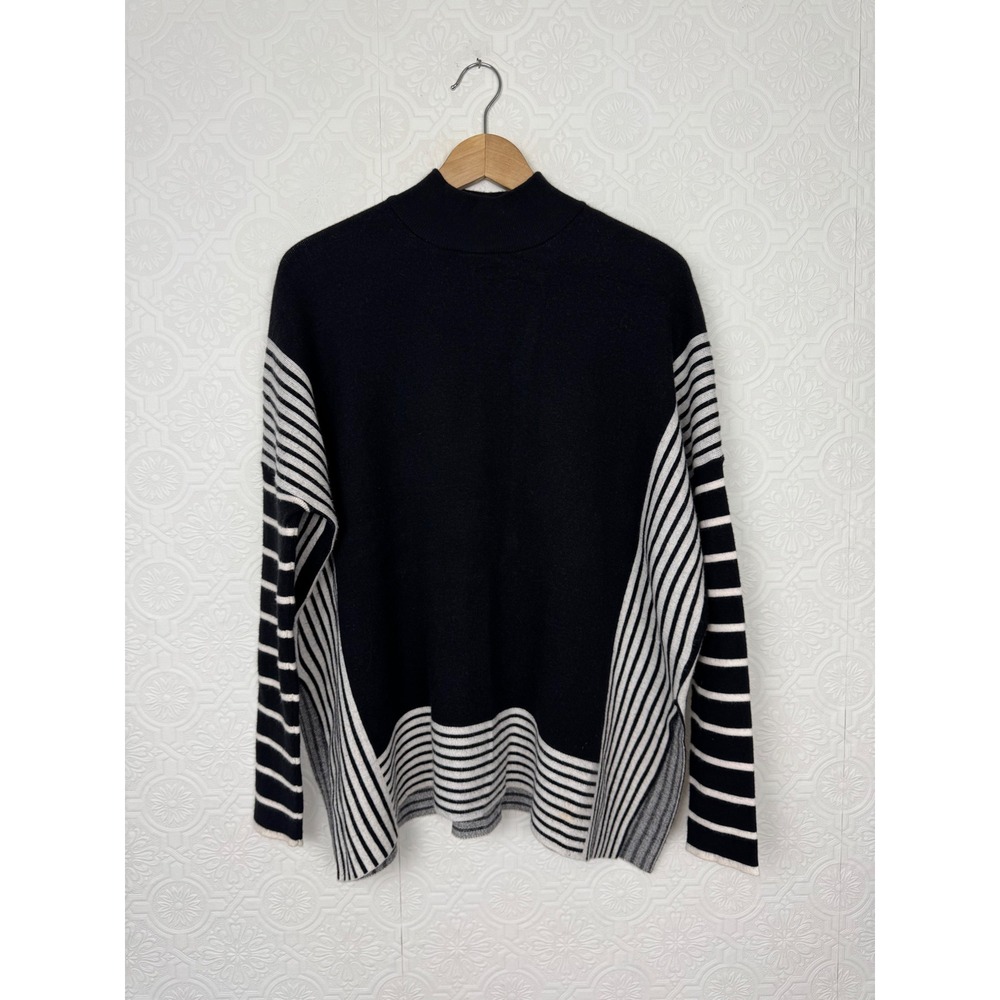 Renuar Mock Neck Color Block Striped Lagenlook Sweater Black White Medium